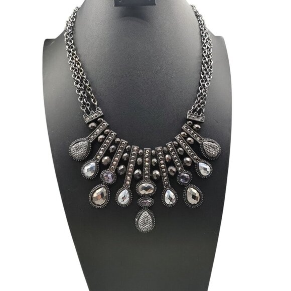 Boho Style Statement Bib Necklace Black Silver Rhinestone Teardrop Pendants 22" - Picture 1 of 10